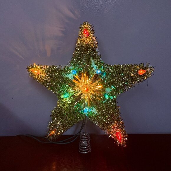 Vintage GOLD Tinsel Christmas Tree Topper Star Lighted - Picture 7 of 9